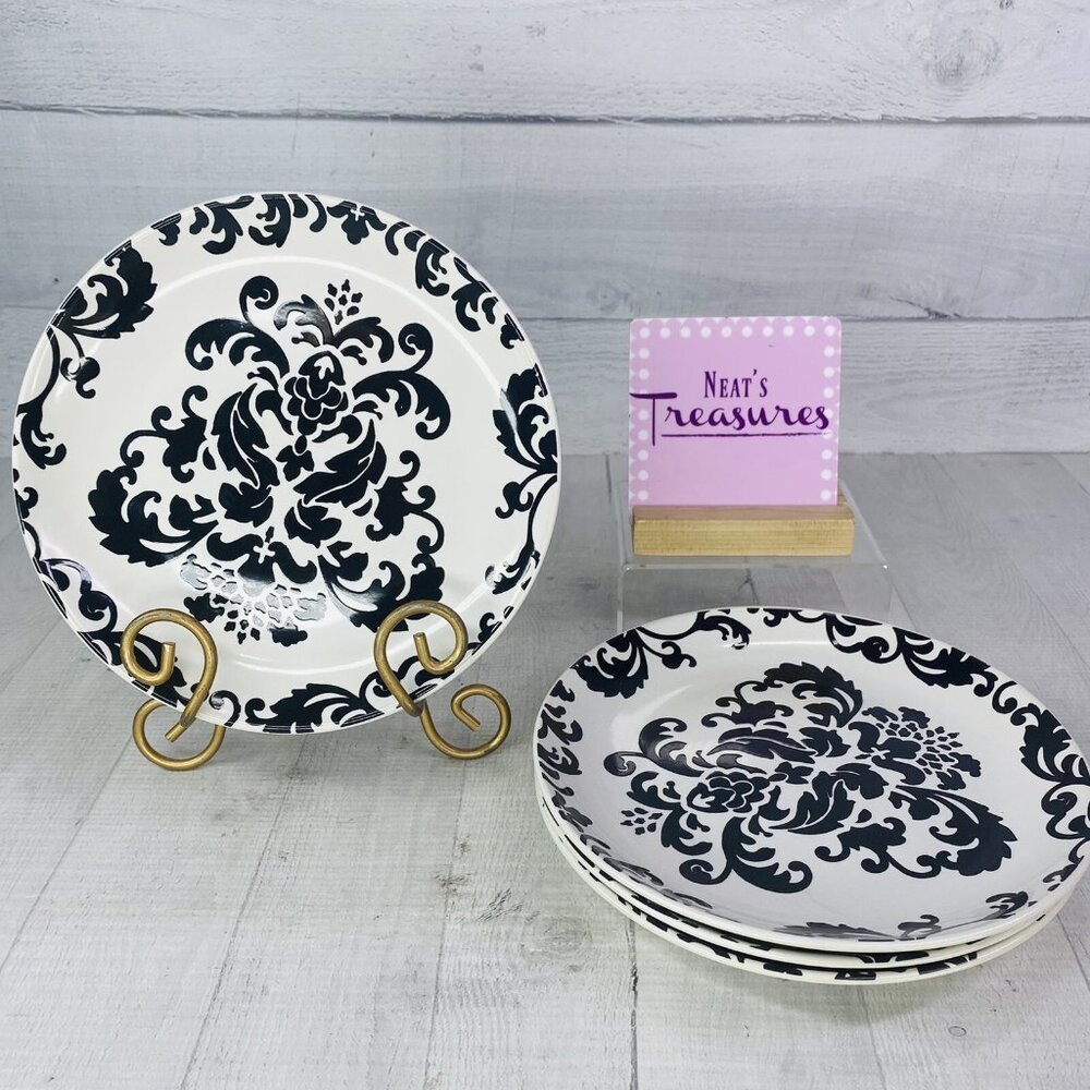 Studio D VERSAILES Black Scrolls White Coupe Round Stoneware Salad Plates Set 4